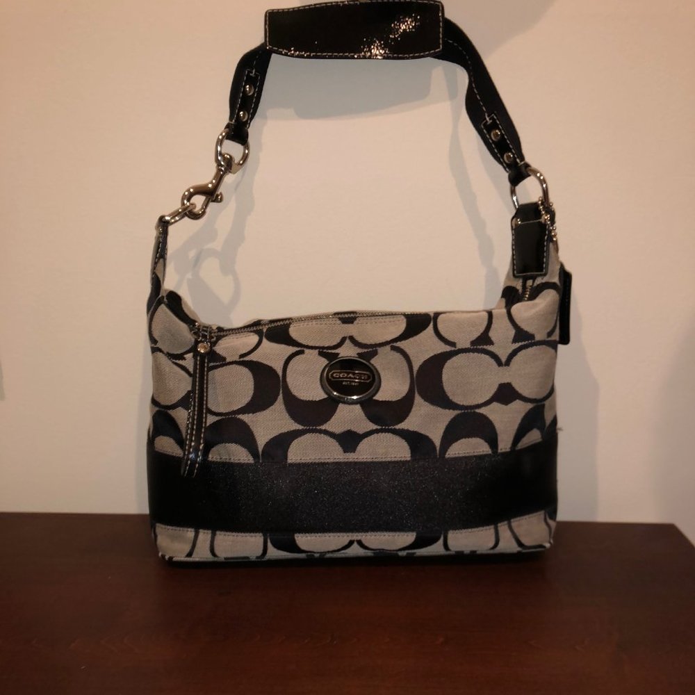COACH BLACK SIGNATURE WITH BLACK STRIPE HOBO BAG
